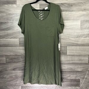 Glitz Womens Shift Dress Green Heathered Pocket Short Sleeve Cut Out‎ 2X Runs SM